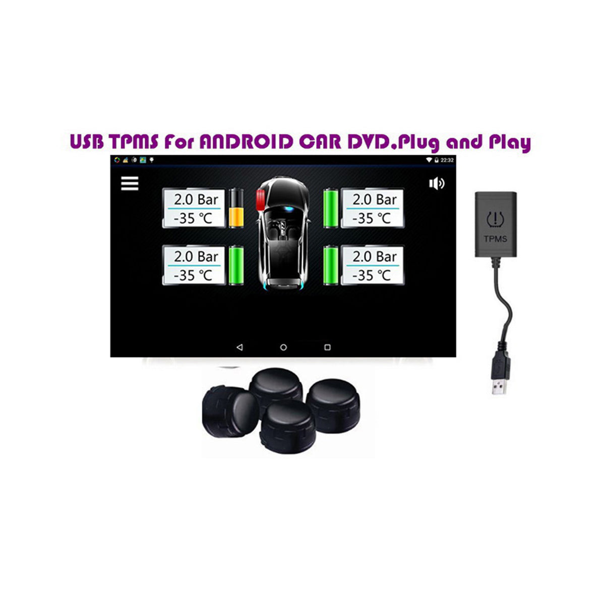 TPMS Reifendruckkontrollsystem für Android Autoradio mit 4 externen Sensoren